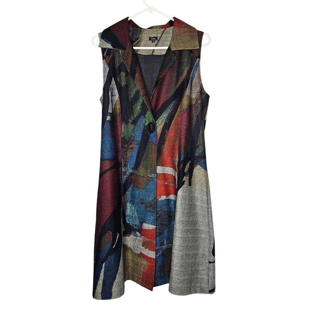 Shana Long Vest Abstract Sleeveless Collared Pockets‎ S Art to Wear Lagenlook